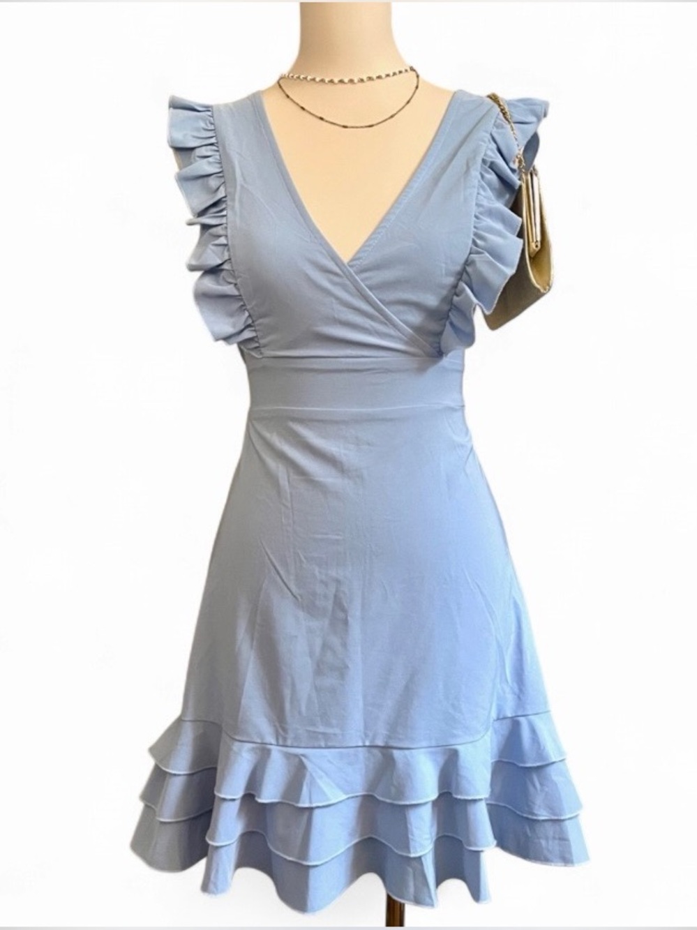 SBetro Light Blue Ruffle Mini Dress Size M | Open Back Tie V-Neck Sundress